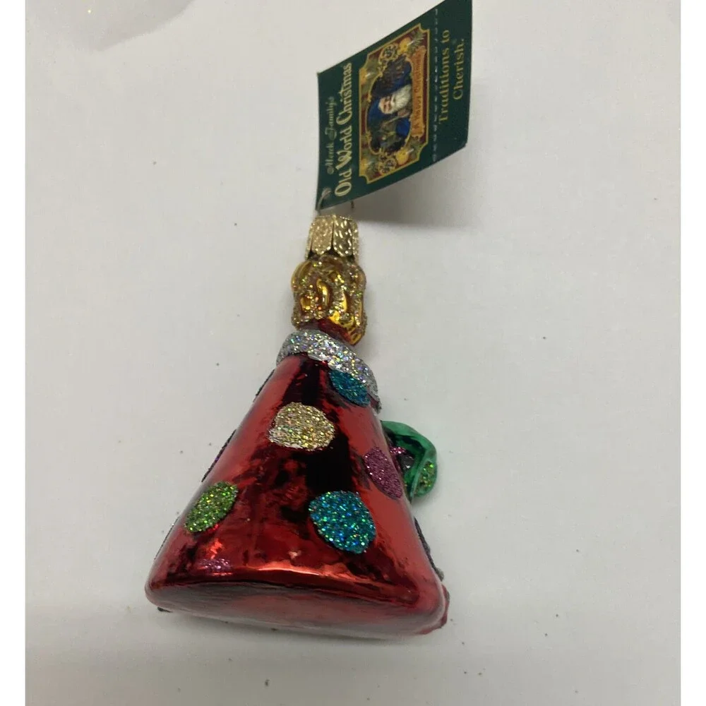 Old World Christmas Red Green Gold Party Hat Glass Ornament 3.5  inch